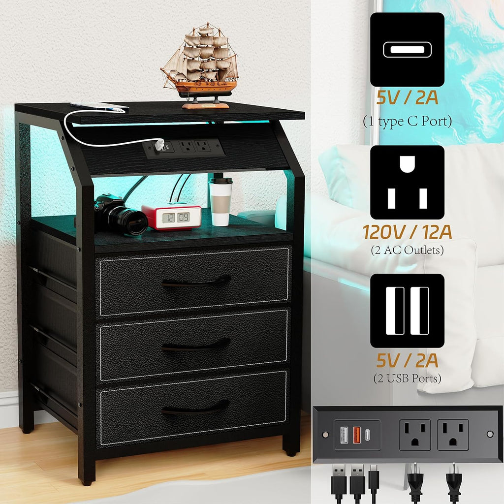 SZLHANJZ End Tables Set of 2, Nightstands with Charging Station and LED Lights, 3 Drawers Fabric Bedside Table, Storage Side Tables for Bedside, Living Room, Modern Black
