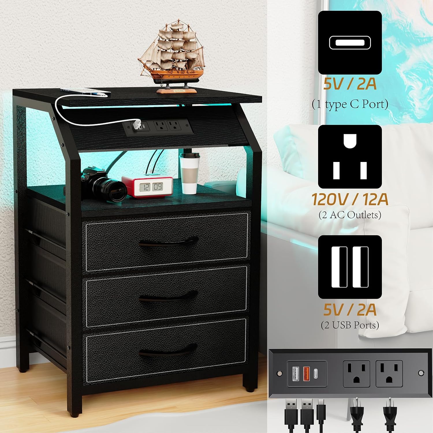 SZLHANJZ End Tables Set of 2, Nightstands with Charging Station and LED Lights, 3 Drawers Fabric Bedside Table, Storage Side Tables for Bedside, Living Room, Modern Black