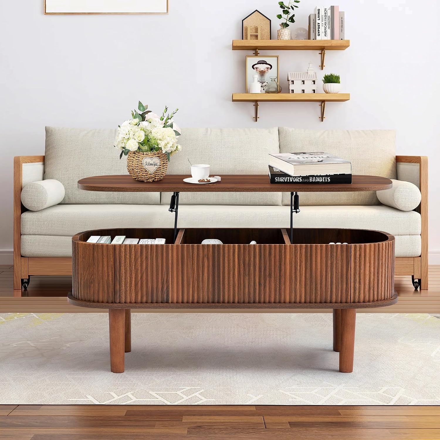 Fully Assembled Fluted Lift Top Coffee Table with Hidden Compartment, Wooden Center Table, Modern Oval Lift Tabletop for Home Living Room Office, Walnut