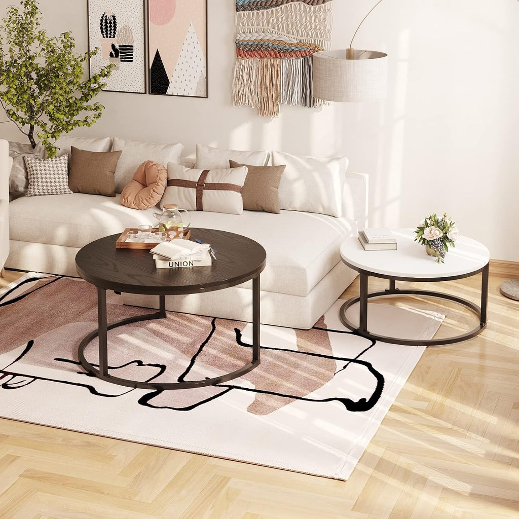 WiberWi Round Coffee Table, Nesting Tables Set of 2, Large : Ø 34.0', Small : Ø 26.0', Modern Design Furniture Side End Table for Living Room, Metal Frame Sofa Table Cocktail Table, Black & White