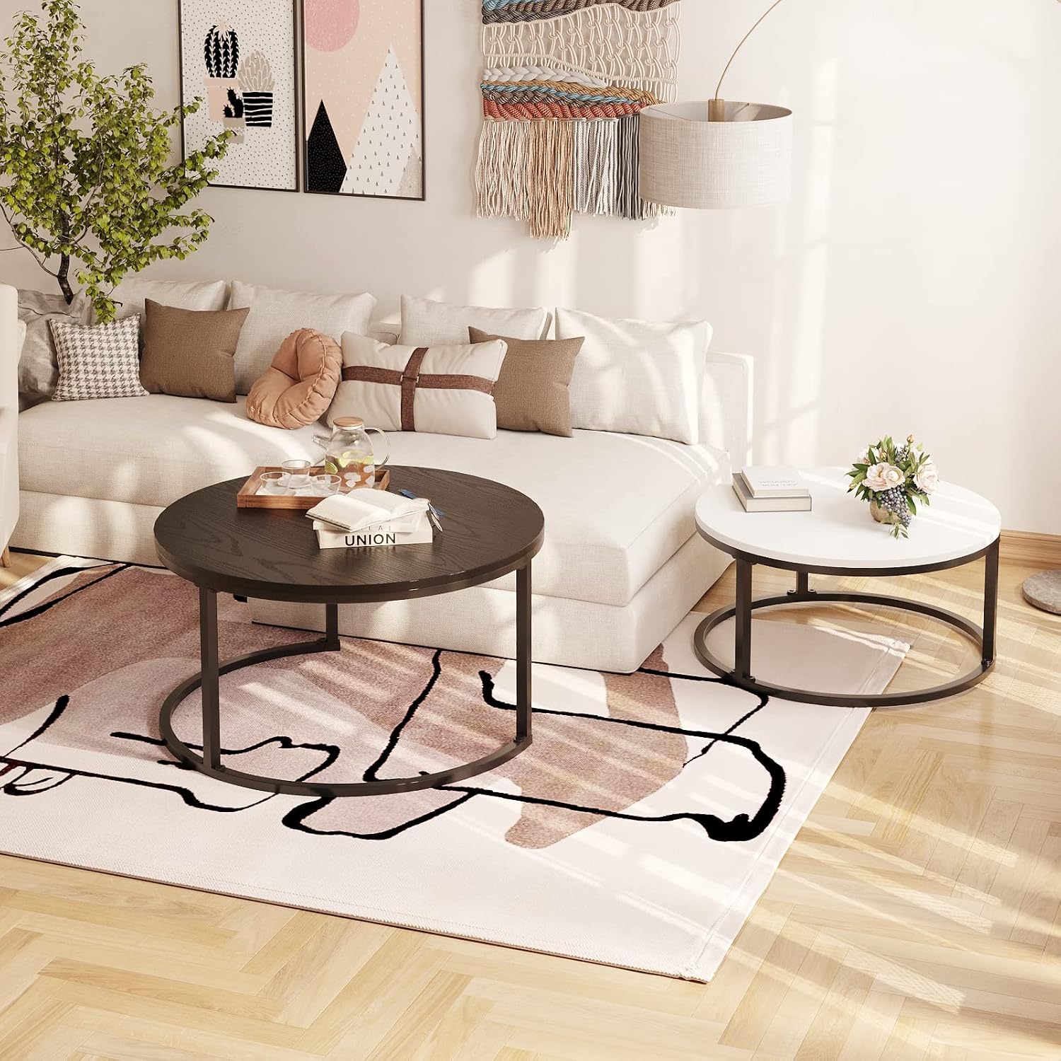 WiberWi Round Coffee Table, Nesting Tables Set of 2, Large : Ø 34.0', Small : Ø 26.0', Modern Design Furniture Side End Table for Living Room, Metal Frame Sofa Table Cocktail Table, Black & White