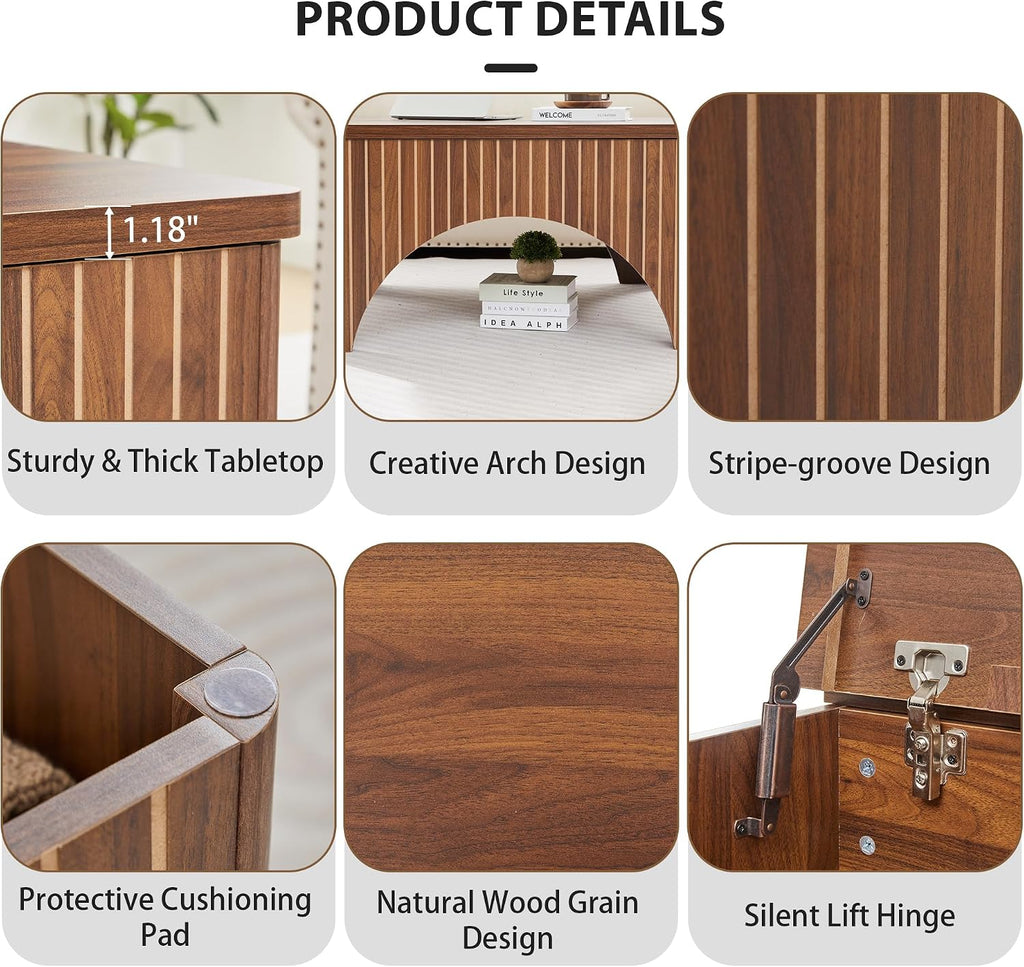 Square Coffee Table, 39'' Large Lift Top Coffee Table with Flip-Top Hidden Compartment Farmhouse Fluted Center Table Wooden Tea Table for Living Room, Apartment, Office (Walnut)