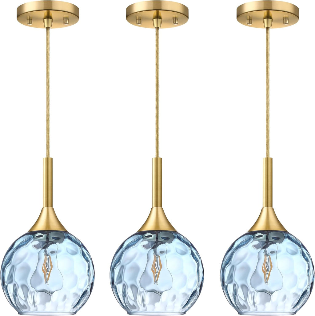6.3' Texture Blue Glass Rod Pendant Light 3 Pack Pendant Ceiling Light Fixture Gold Finish Modern Farmhouse Dinning Over Sink Adjustable Height Rod