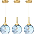 6.3' Texture Blue Glass Rod Pendant Light 3 Pack Pendant Ceiling Light Fixture Gold Finish Modern Farmhouse Dinning Over Sink Adjustable Height Rod