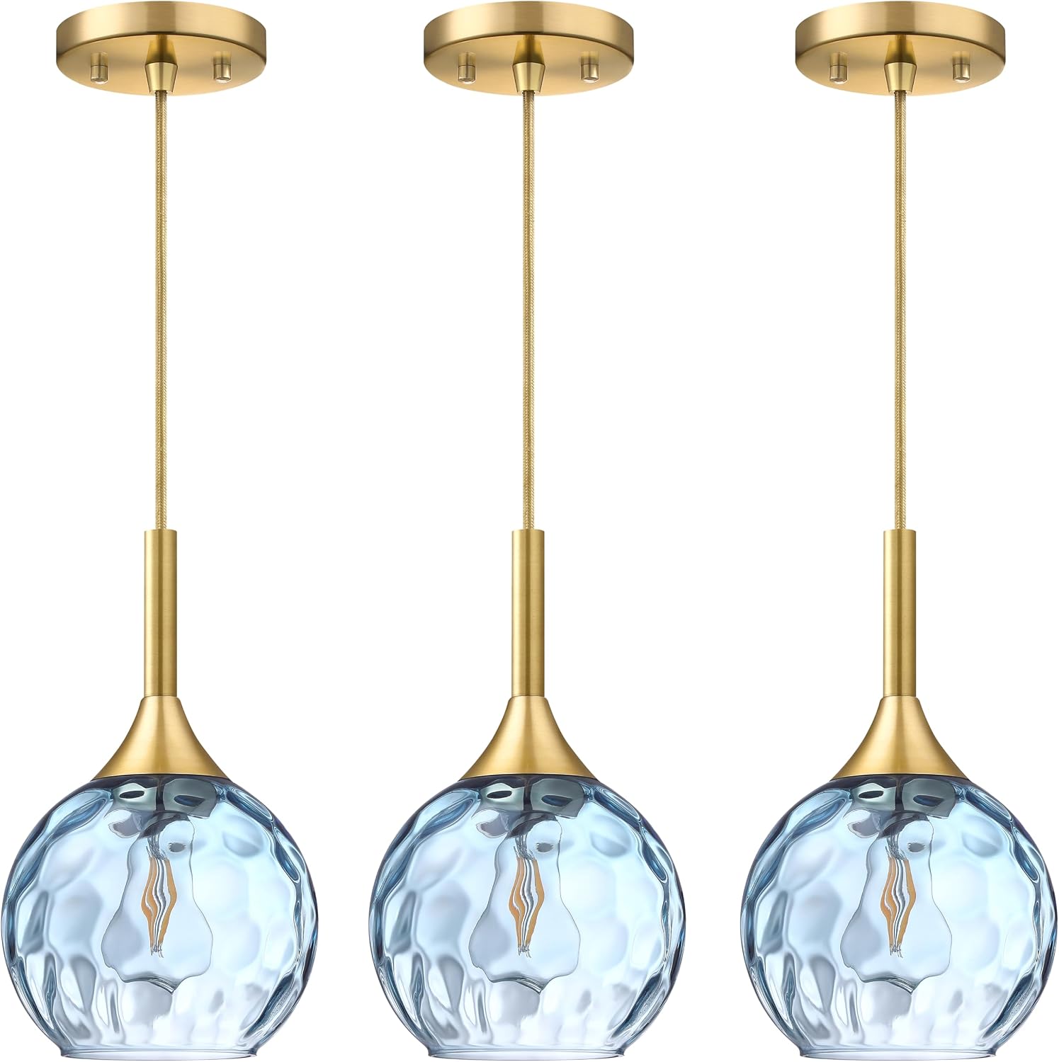 6.3' Texture Blue Glass Rod Pendant Light 3 Pack Pendant Ceiling Light Fixture Gold Finish Modern Farmhouse Dinning Over Sink Adjustable Height Rod