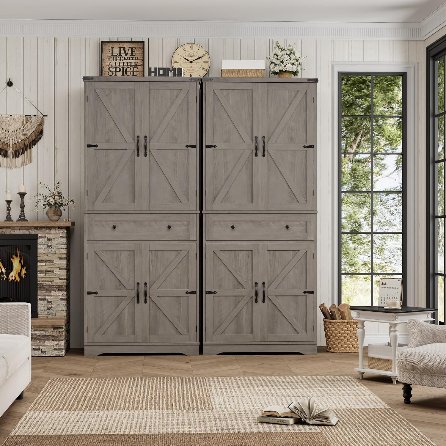 HOSTACK 71' Tall Pantry Cabinet, Farmhouse Kitchen Pantry with Storage Shelves, Barn Doors Food Storage Cabinet, Freestanding Kitchen Hutch with Large Drawer for Dining Room, Living Room, Ash Gray