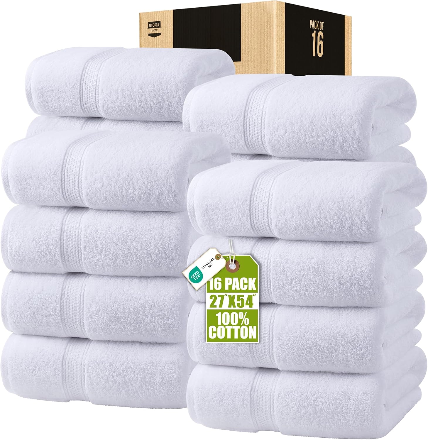 Utopia Towels 16 Pack Premium Bath Towels Set, 27 by 54 Inches, 100% Ring Spun Cotton 600GSM, Lightweight and Highly Absorbent Quick Drying Towels, Perfect for Daily Use, White