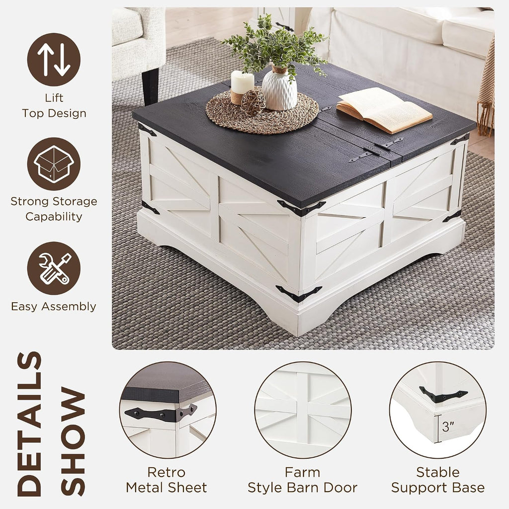JXQTLINGMU 36' Lift Top Coffee Table with Storage, Farmhouse Square Center Table with Large Hidden Compartment, Wood Lift Tabletop Dining Table for Home Living Room, White