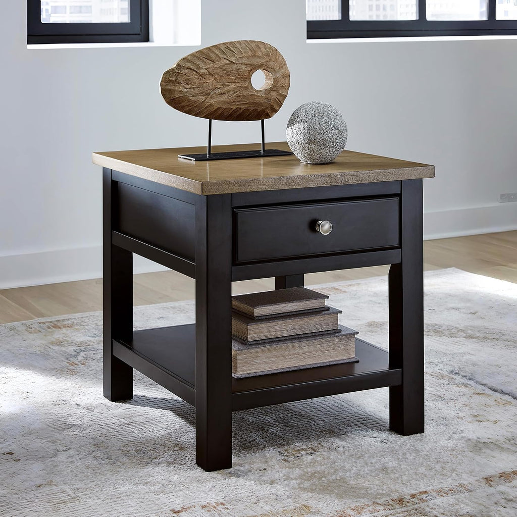 Signature Design by Ashley Drazmine Casual End Table with 1 Lower Shelf, Light Brown & Black