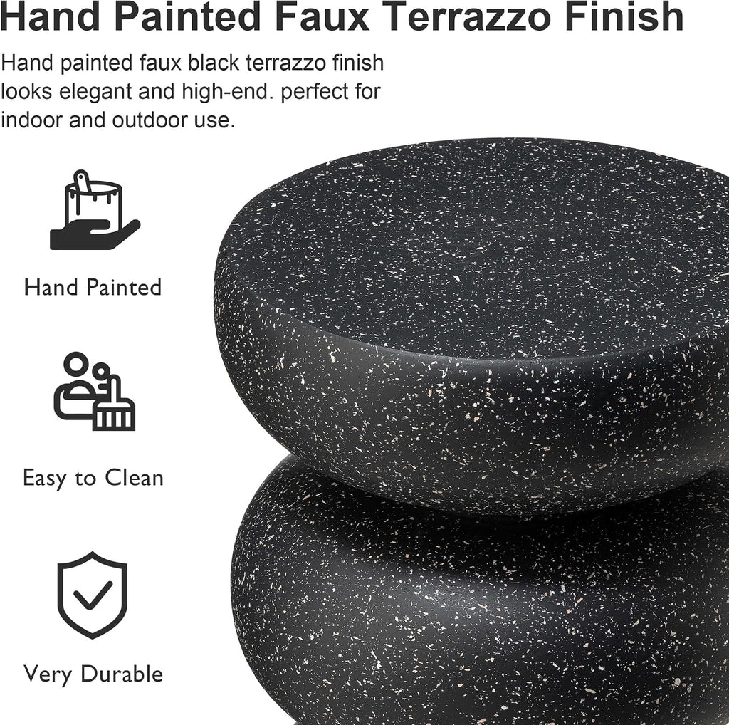 Glitzhome Outdoor Side Table, 18' H Decorative Garden Stool MGO Faux Terrazzo End Table, Heavy Duty Indoor Outdoor Round Planter Stand for Living Room Bedroom Patio Deck Poolside,Black