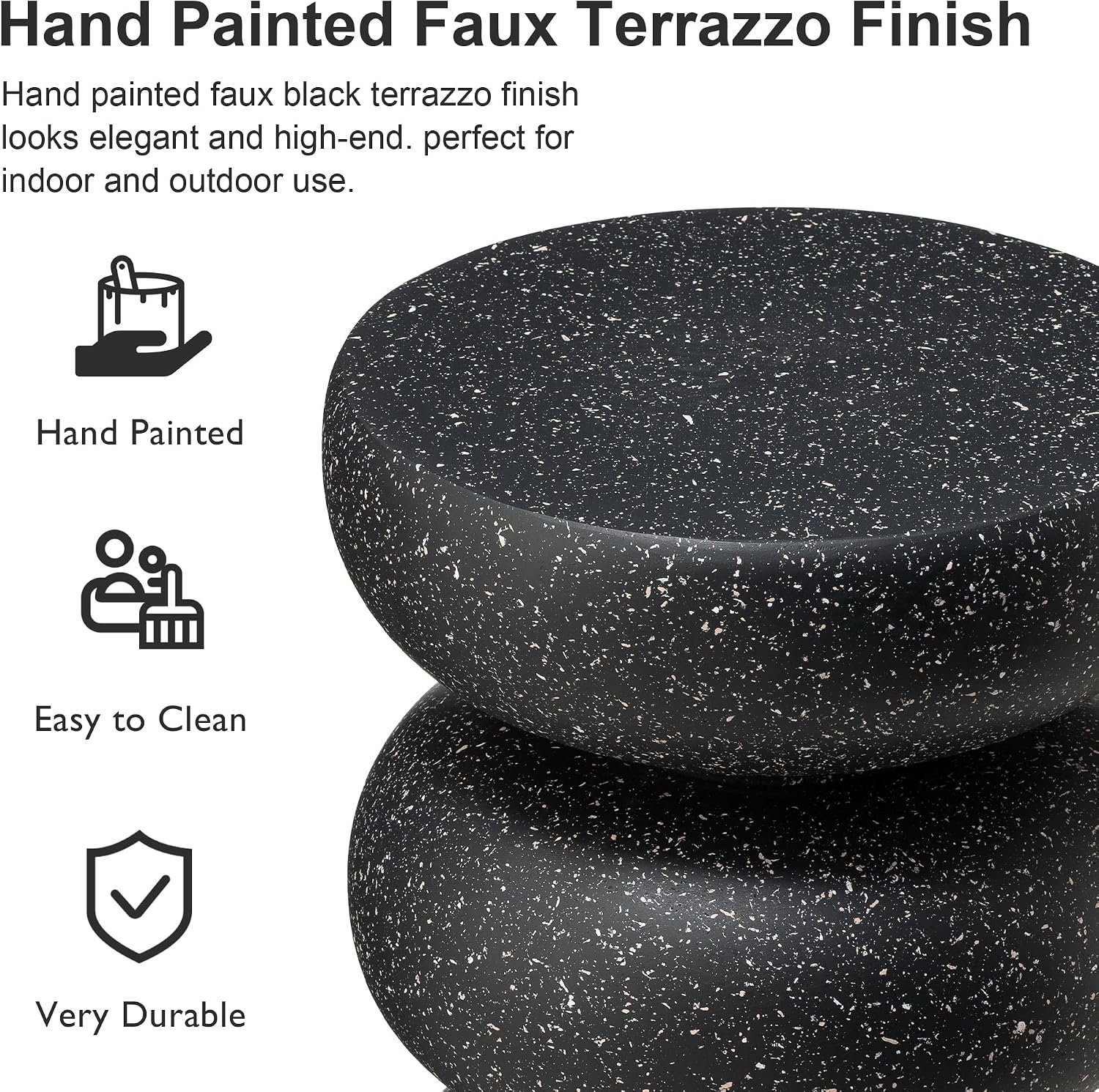 Glitzhome Outdoor Side Table, 18' H Decorative Garden Stool MGO Faux Terrazzo End Table, Heavy Duty Indoor Outdoor Round Planter Stand for Living Room Bedroom Patio Deck Poolside,Black
