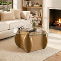 Round Glass Coffee Table, Modern Coffee Table with Glass Top and Wood Base, Minimalist Circle Coffee Table for Living Room, Small Round Coffee Table for Apartment, Office & Lounge, Natural