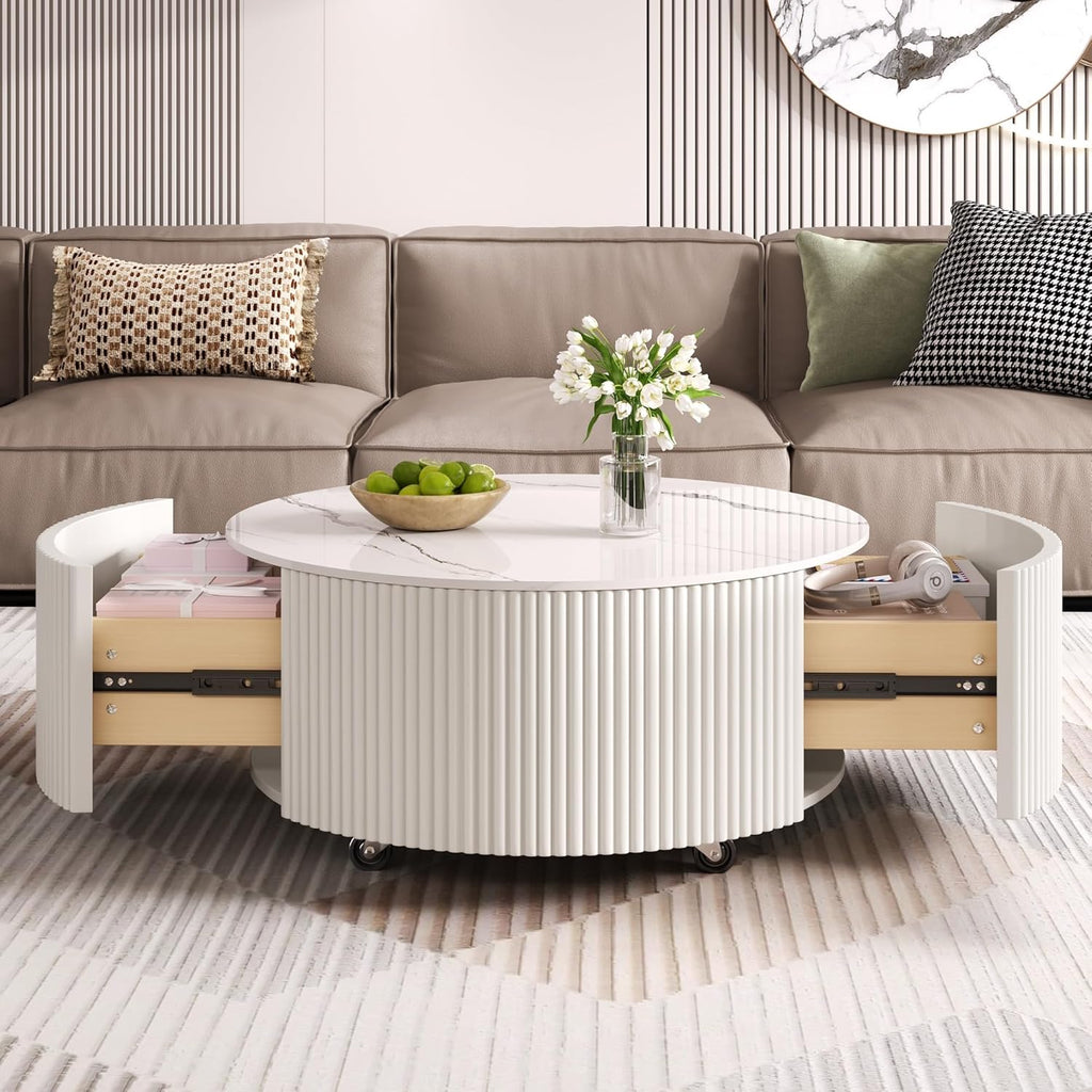 Merax 29.5' Round Fluted Coffee Table for Living Room, Movable Accent Table with Casters and 2 Storage Drawers, Marble Pattern Sintered Stone Top, White