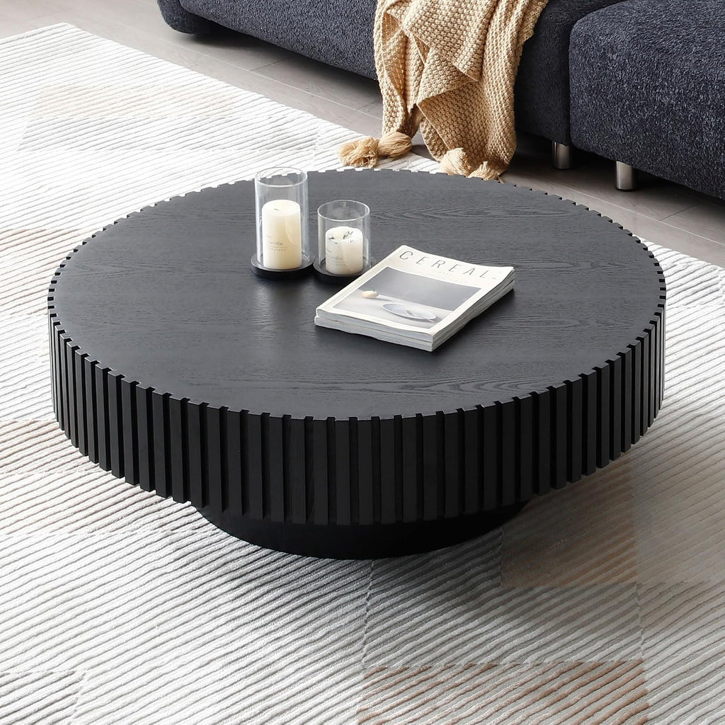 39.4' Black Round Coffee Table Wood, Modern Drum Fluted Coffee Table for Living Room, Contemporary Low Circle Center Table Side Table for Apartment, Farmhouse, Office, mesa de Cafe