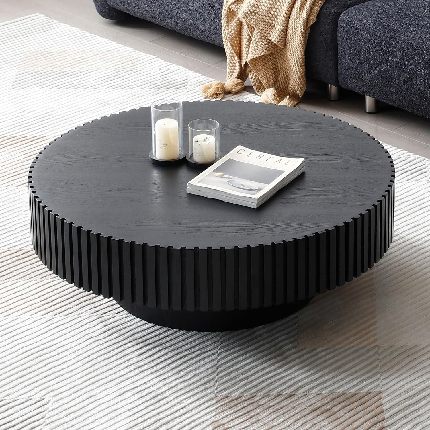 39.4' Black Round Coffee Table Wood, Modern Drum Fluted Coffee Table for Living Room, Contemporary Low Circle Center Table Side Table for Apartment, Farmhouse, Office, mesa de Cafe