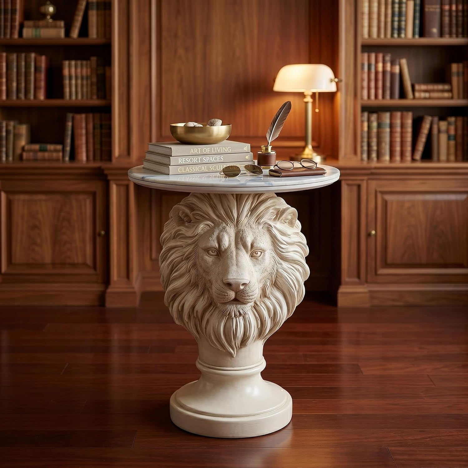 White Lion Head Sculptural Side Table with Faux Marble Top, 19.68' Round Resin Animal End Table, 25.59' H Majestic Accent Table for Living Room & Entryway, Regal Housewarming Gift