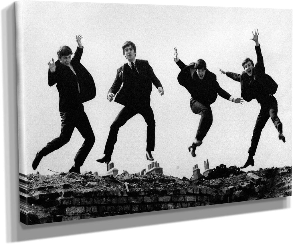 Vintage Rock Band Canvas Wall Art | Black & White Musicians Jumping Print | Retro Home Décor – Various Sizes (45in x 30in Gallery Wrapped)