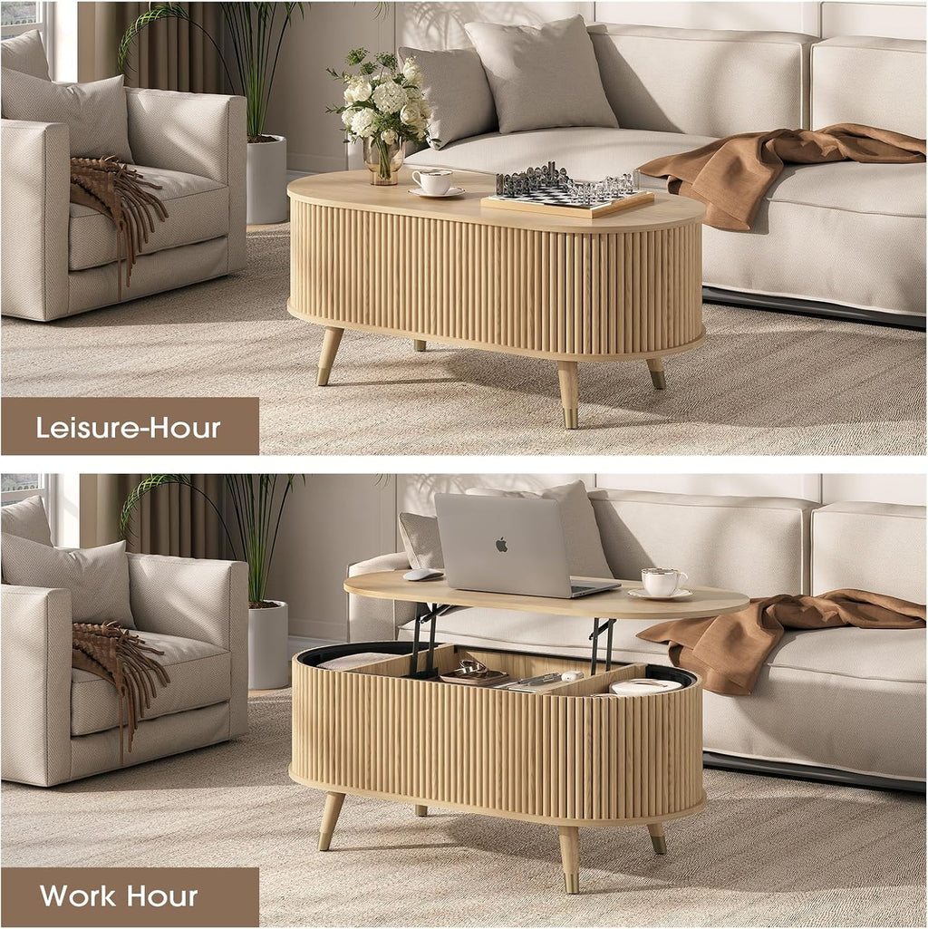 Oval Lift Top Coffee Table with Storage, 42.5' Fluted Coffee Table with Lifting Top & Solid Wood Legs, Mid Century Modern Center Table for Living Room, Home Office, Oak