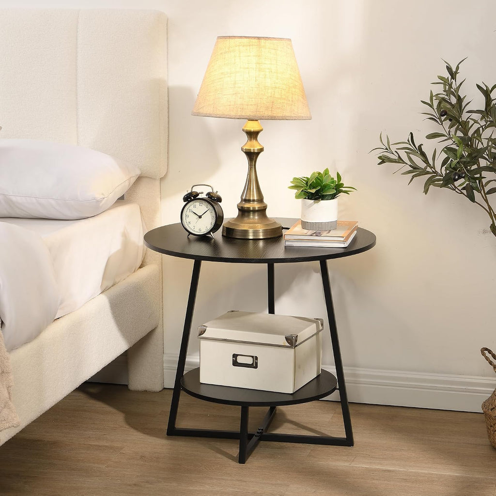 D&H FURNIMMT 20' Living Room Side Table Set of 2 for Small Spaces, 2 Tier Wood Top Round End Tables with Storage Shelf, Accent Sofa Table for Bedroom, Office, Sunroom, Balcony, Black