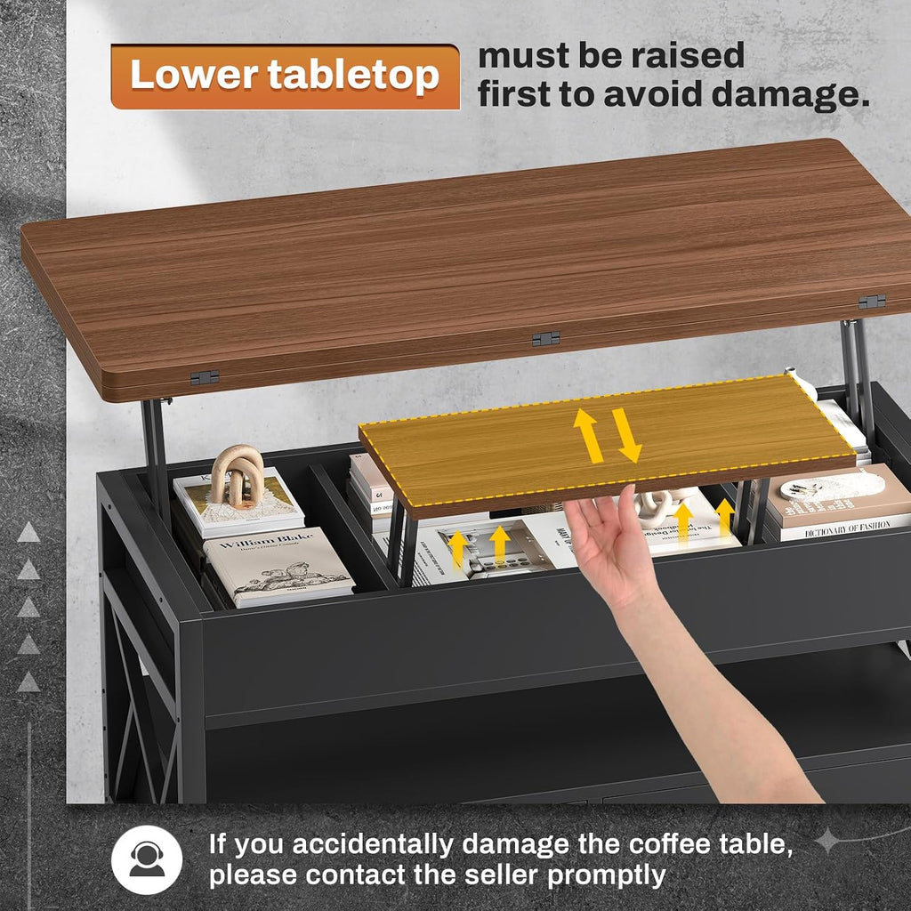 Itaar 40' Lift Top Coffee Table, 4 in 1 White Coffee Tables with Storage for Living Room, Small Coffee Table with 2 Drawers & LED Light for Dining Room, Black+Brown