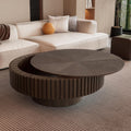 Round Drum Coffee Table with Storage for Living Room, Mid Century Modern Coffee Table with Sturdy Pedestal, Farmhouse Fluted Circle Center Table Accent Tea Table (31.5' Brown with Storage)