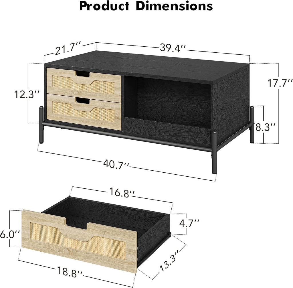 GarveeHome 40.7' Coffee Table with LED Lights for Living Room, Modern Coffee Tables with 4 Drawers and Open Storage Shelf, Farmhouse Coffee Table with Study Metal Legs，Black+Oak