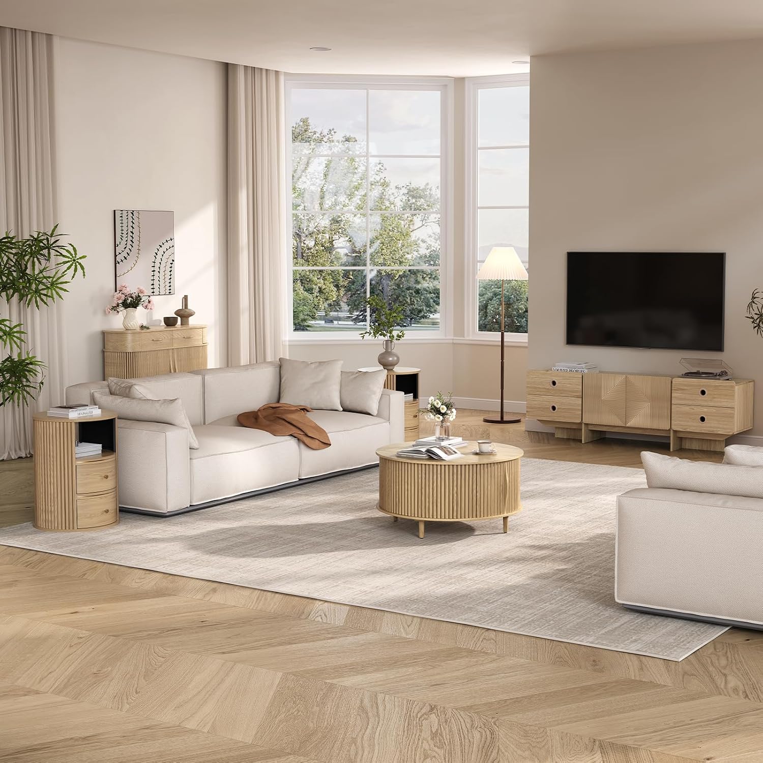 Round Coffee Table with Storage, 31.5' Mid Century Modern Coffee Table with Sliding Door & Solid Wood Legs, Minimalist Fluted Center Table for Living Room, Home Small Space, Oak