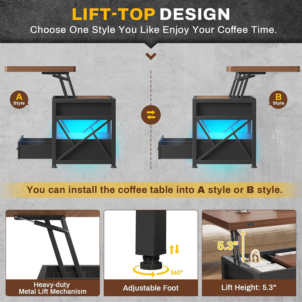 Itaar 40' Lift Top Coffee Table, 4 in 1 White Coffee Tables with Storage for Living Room, Small Coffee Table with 2 Drawers & LED Light for Dining Room, Black+Brown