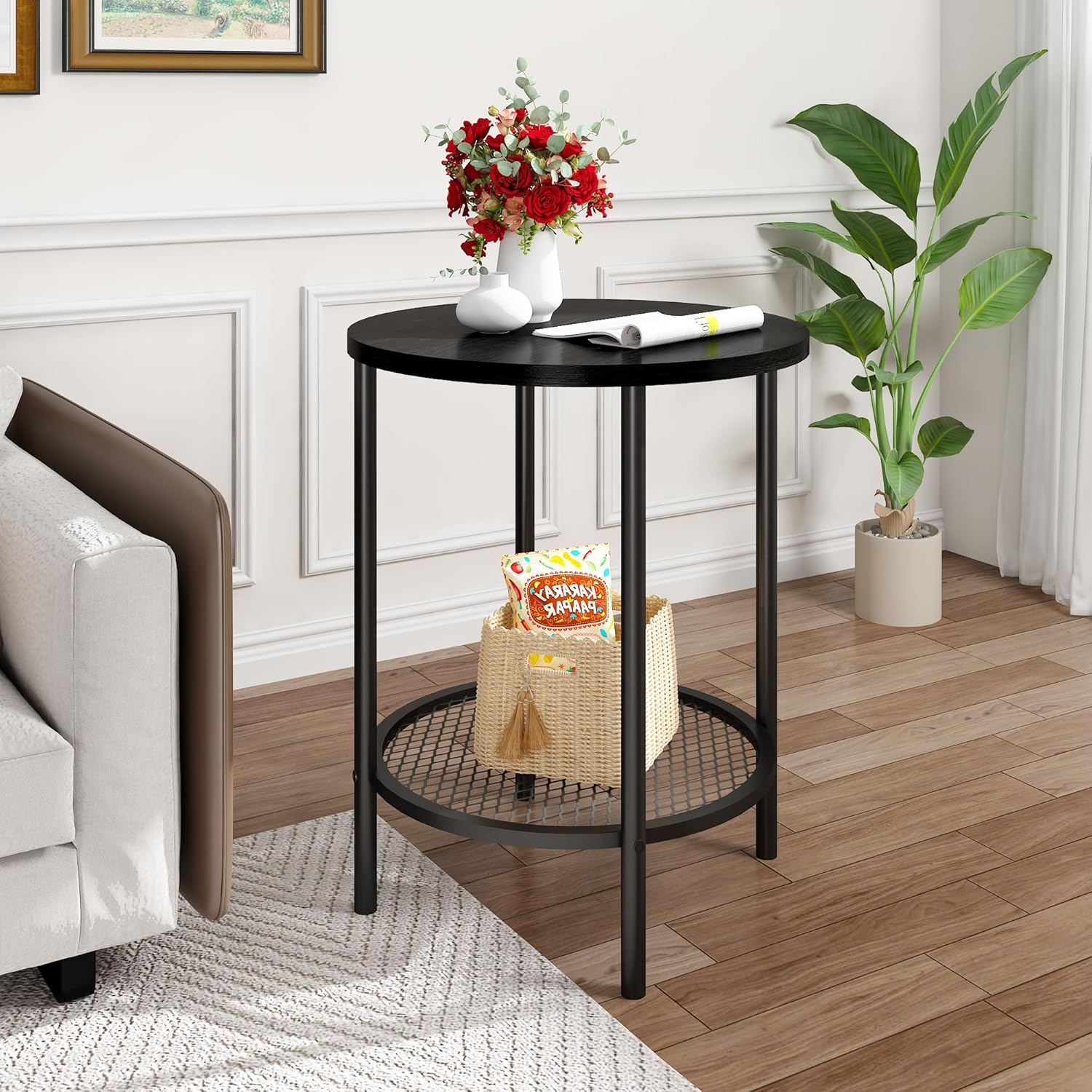 Recaceik Round Coffee Table and End Table Set of 3 with Storage, Modern Vintage Black Coffee Table and Side Table for Living Room, Office, Apartment, Small Space