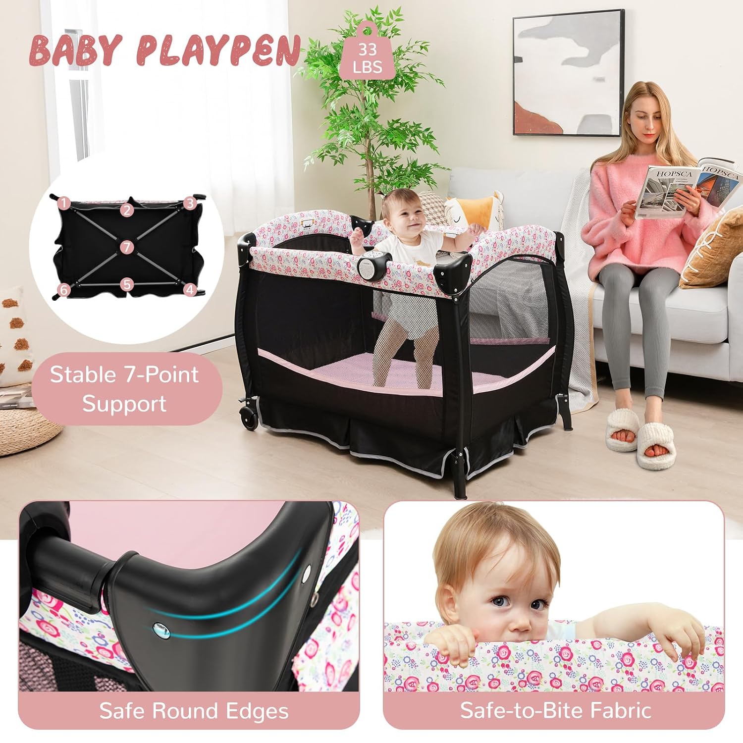 HONEY JOY Pack and Play, 4 in 1 Portable Baby Crib Playpen w/Bassinet, Changing Table, Canopy, Mattress, Music Box, Storage Bag, Foldable Pack and Play for Infant Boys Girls