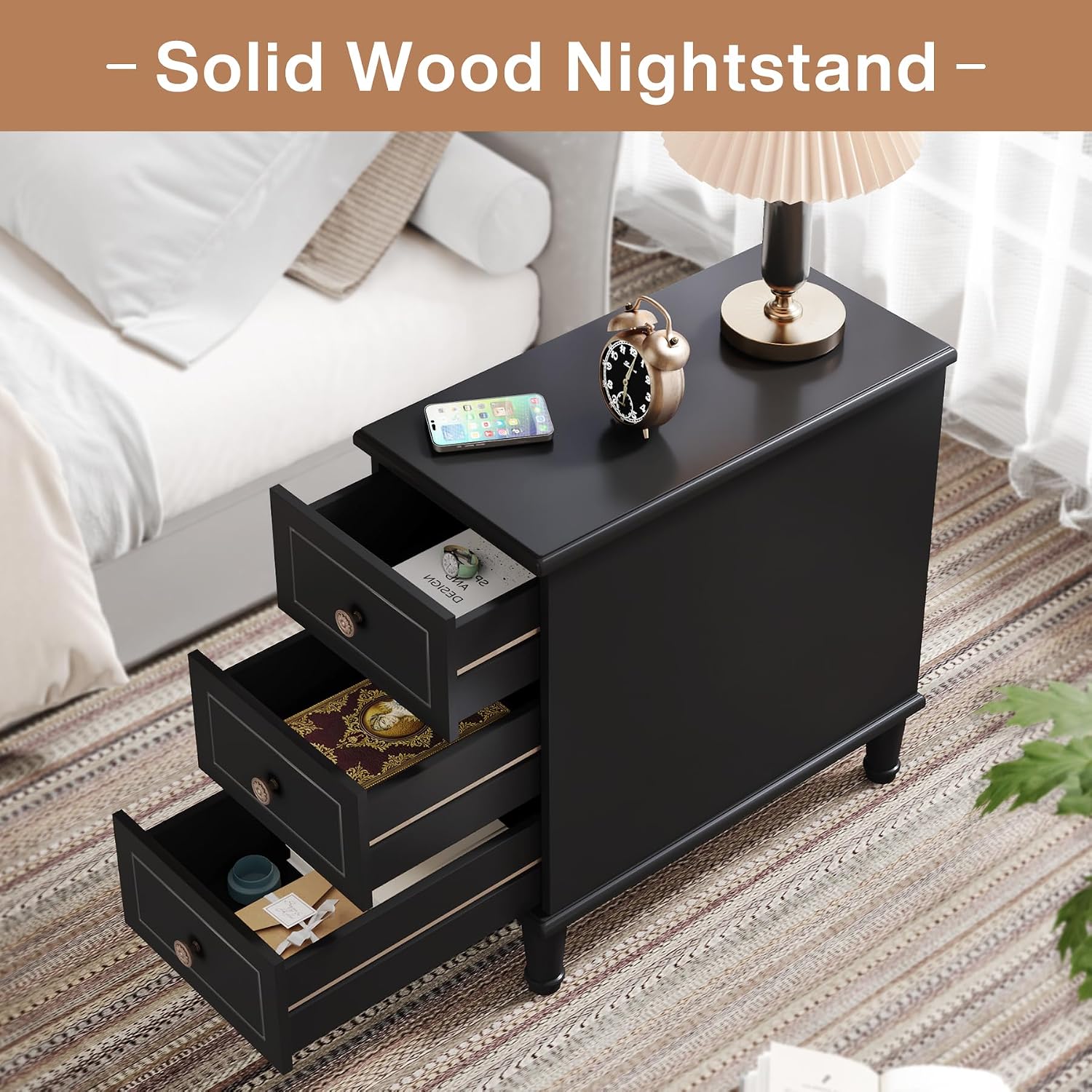 Tribesigns Solid Wood End Table Set of 2, Fully Assembled Narrow Side Table with Drawers, Pre-Assembled Nightstand Slim Bedside Table for Small Spaces, Living Room, Bedroom, Black