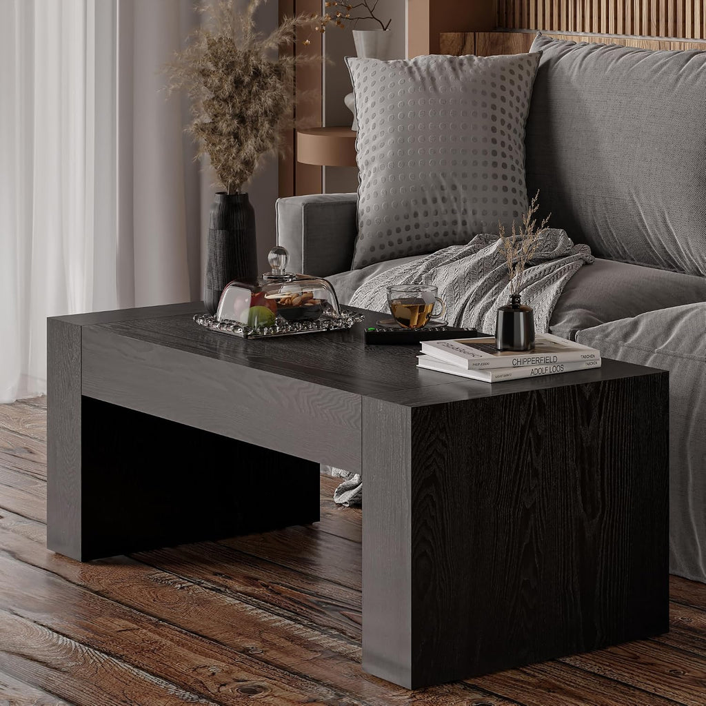 COZAYH Modern Black Wood Coffee Table with Thick Block Legs and Natural Wood Grain, Rectangular Large Center Table for Living Room Decor, Office, Farmhouse, Sturdy