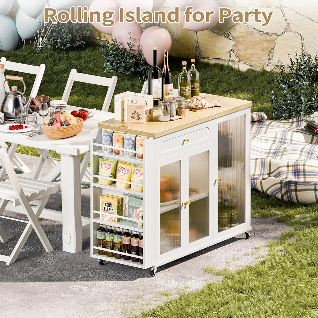 Kitchen Island with Power Outlet - Kitchen Cart on Wheels with Storage Cabinets & Drawers, Rolling Island Table with Spice & Towel Rack, Portable Islands with Large Wood Counter, Dinning Room