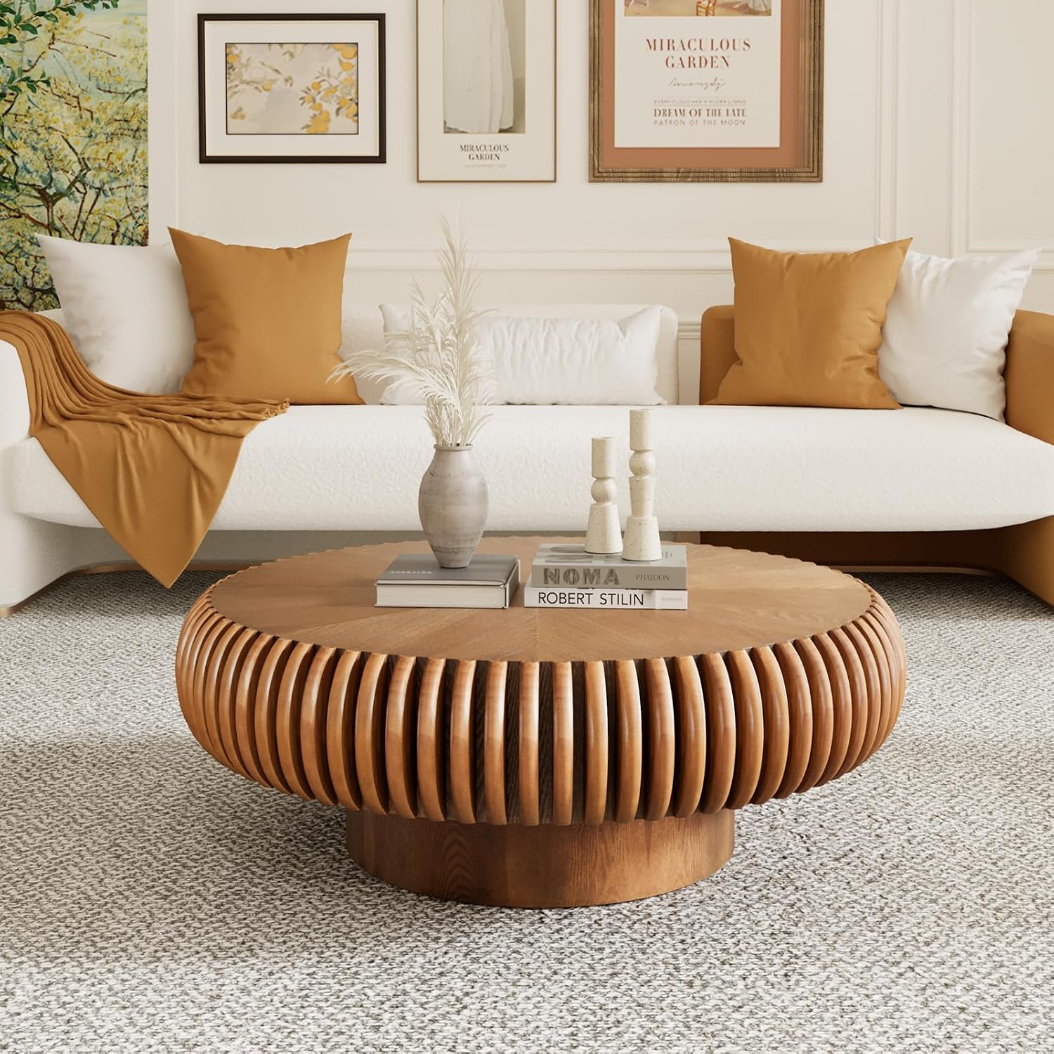 Round Drum Coffee Table for Living Room, Mid Century Modern Coffee Table with Sturdy Pedestal, Farmhouse Fluted Circle Center Table Accent Tea Table for Apartment (31.5' Brown)