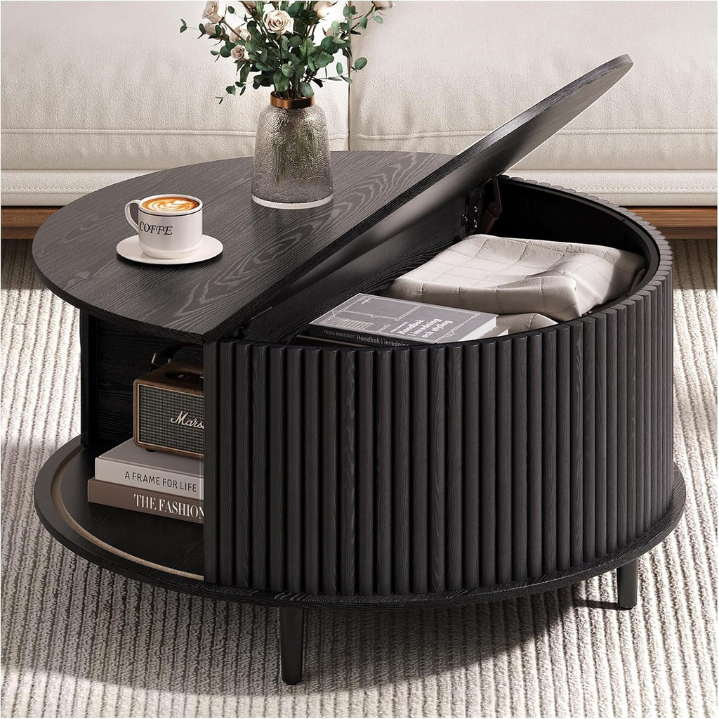 Round Coffee Table with Storage, 31.5' Modern Coffee Table with Sliding Door & Solid Wood Legs, Minimalist Fluted Center Table for Living Room, Home Small Space, Black