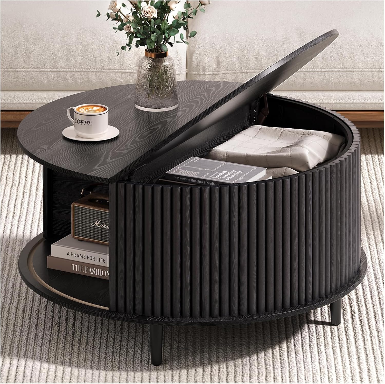 Round Coffee Table with Storage, 31.5' Modern Coffee Table with Sliding Door & Solid Wood Legs, Minimalist Fluted Center Table for Living Room, Home Small Space, Black