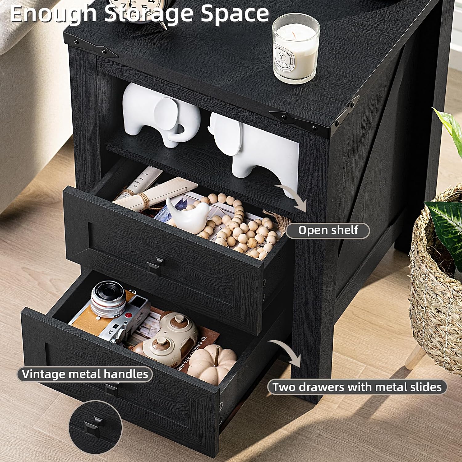 Joaxswe Night Stands with Charging Station Set of 2, Farmhouse Nightstand, Wooden Bedside End Tables with 2 Drawers and Open Shelf, Bed Side Table for Bedroom, Living Room, Closet, Office (Black)