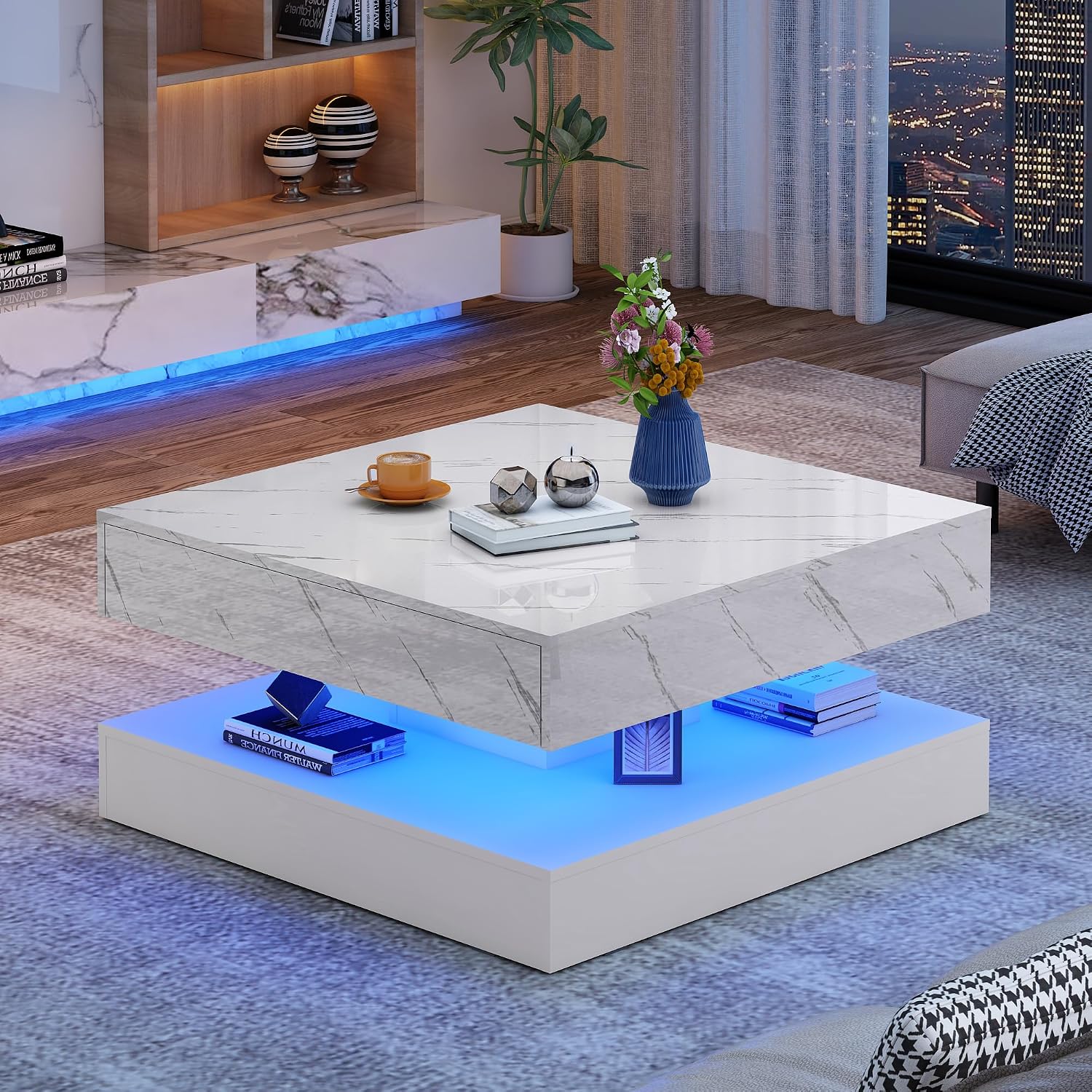 jiteentarou 33.9 Inch Modern LED Coffee Table with Storage - High Gloss Black Square Center Table with 2 Drawers, Double-Layer Design for Living Room, Home Office Furniture,White Marble