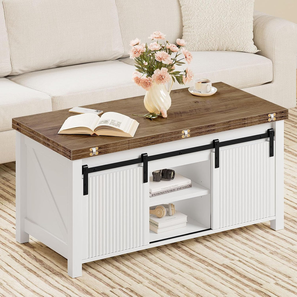 CHOEZON Lift Top Coffee Table, 4 in 1 Convertible Coffee Table, Farmhouse Coffee Tables, with Hidden Compartments, with Sliding Doors, for Living Room, Apartment, White and Walnut MKF01WL