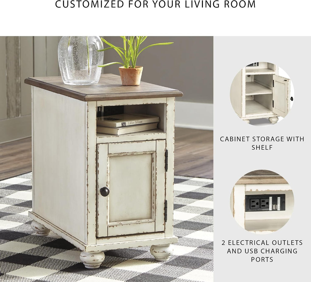 Signature Design by Ashley Realyn French Country Chair Side End Table, Cabinet Storage with Shelf, Outlets and USB Ports, Wood, 14' W x 24' D x 23.13' H, Cream