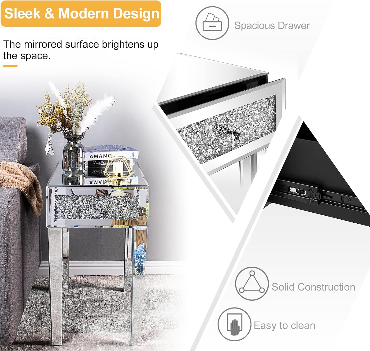 VINGLI Mirrored Nightstand Set of 2 Narrow Side Table with Drawer Glass Accent Table,Silver