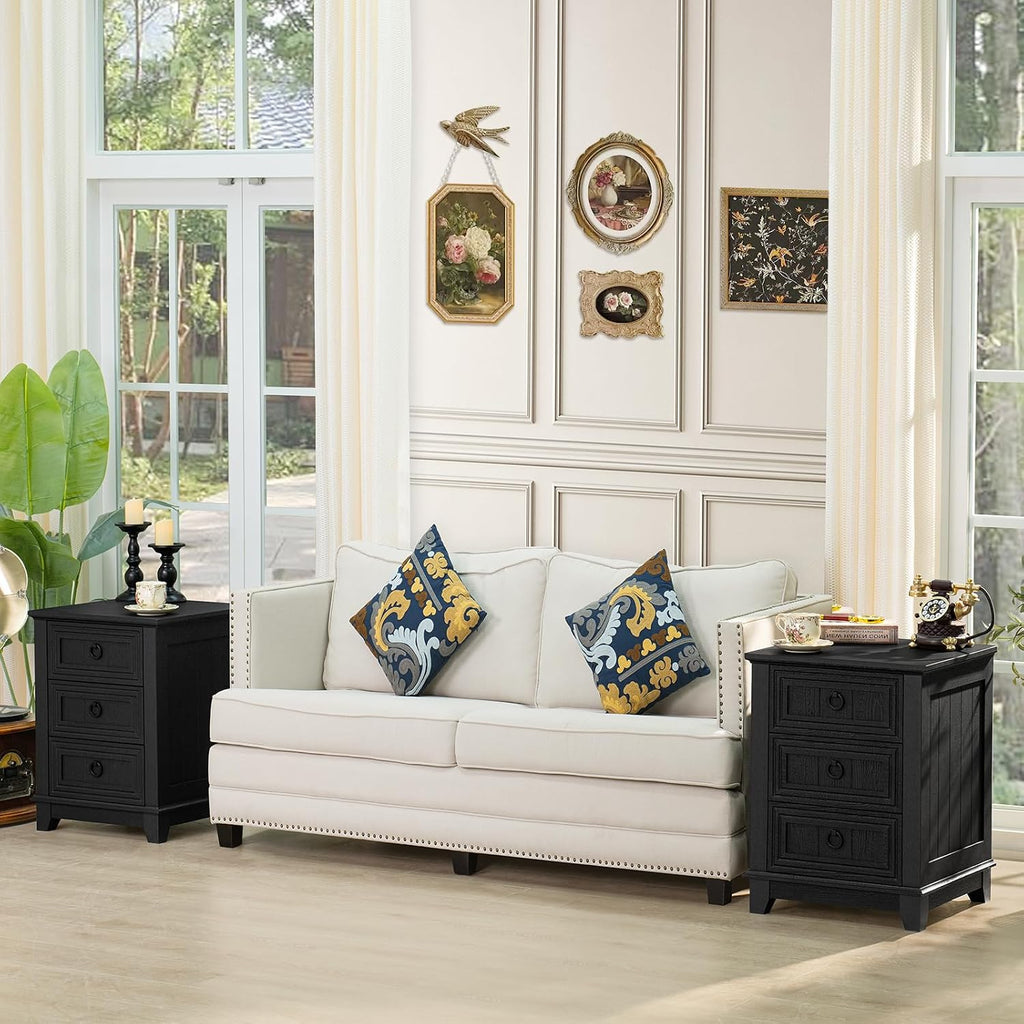 Joaxswe 18' Farmhouse Night Stand with 3 Drawers, Wood End Table Dresser for Bedroom, Black Nightstand, Bed Side Table with Metal Handle, Bedside Cabinet for Bedroom Living Room, Closet