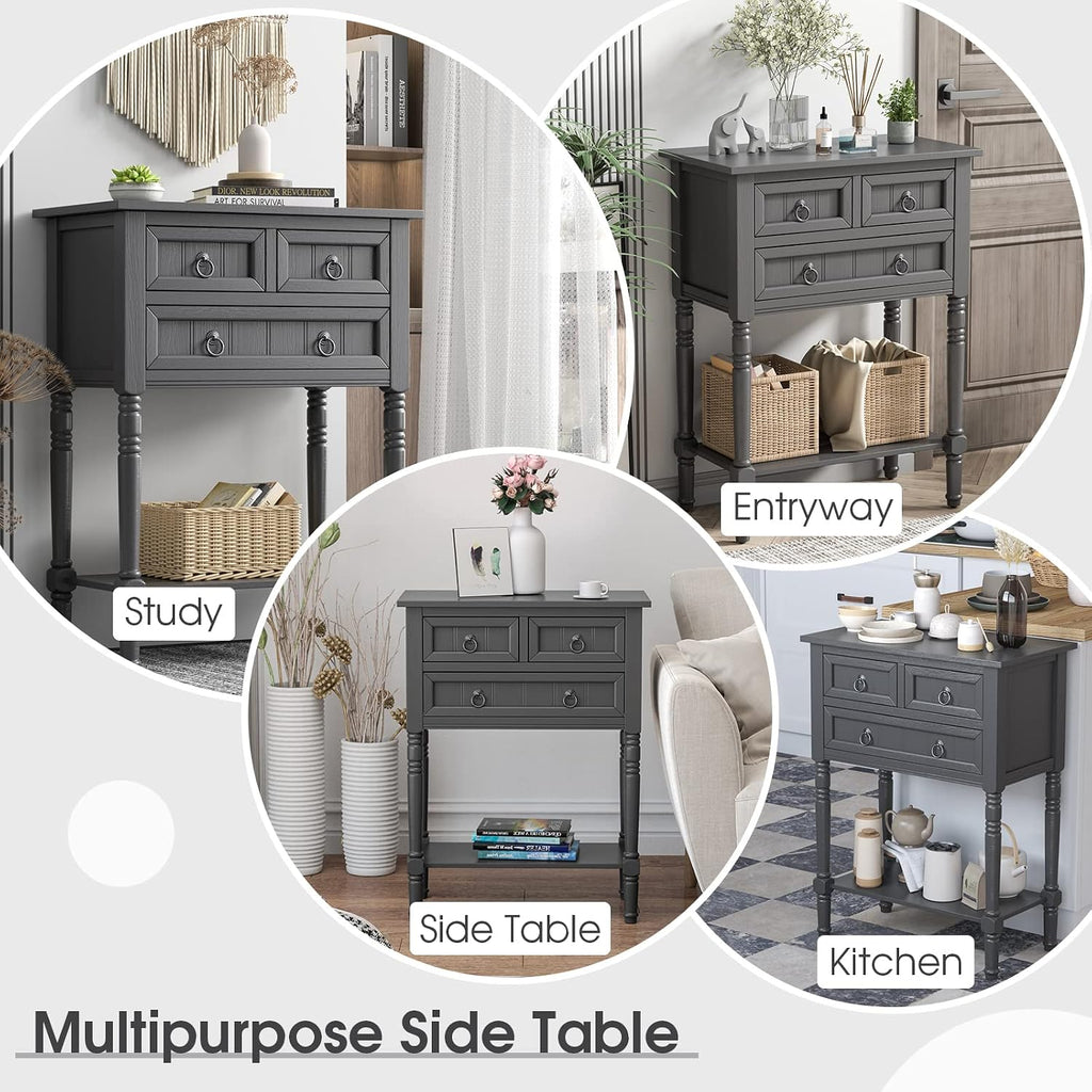 Giantex Console Table with 3 Drawers, 24' Rustic Entryway Table with Storage, Open Bottom Shelf, Compact Hallway Table, Small Sofa Side Table for Living Room, Bedroom, Narrow Entry Table, Gray