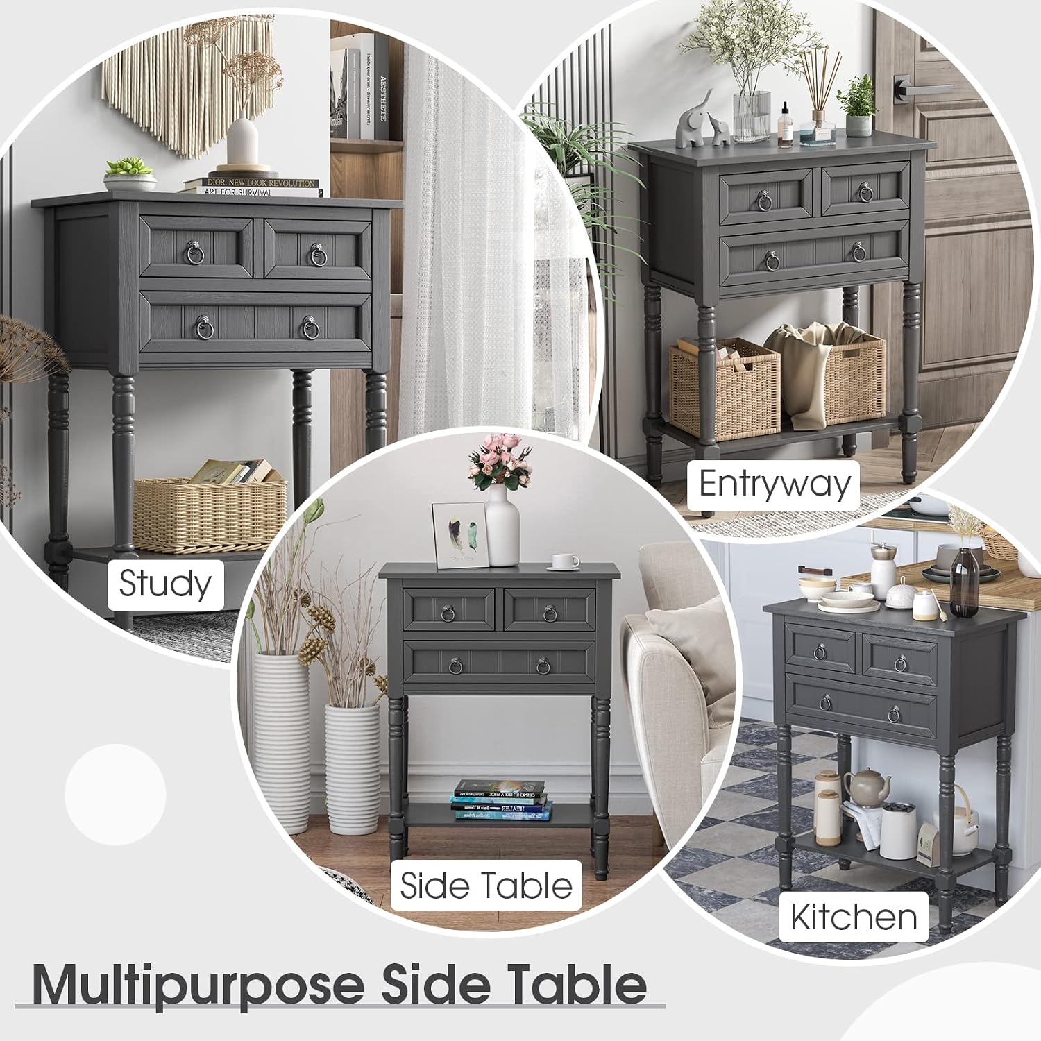 Giantex Console Table with 3 Drawers, 24' Rustic Entryway Table with Storage, Open Bottom Shelf, Compact Hallway Table, Small Sofa Side Table for Living Room, Bedroom, Narrow Entry Table, Gray