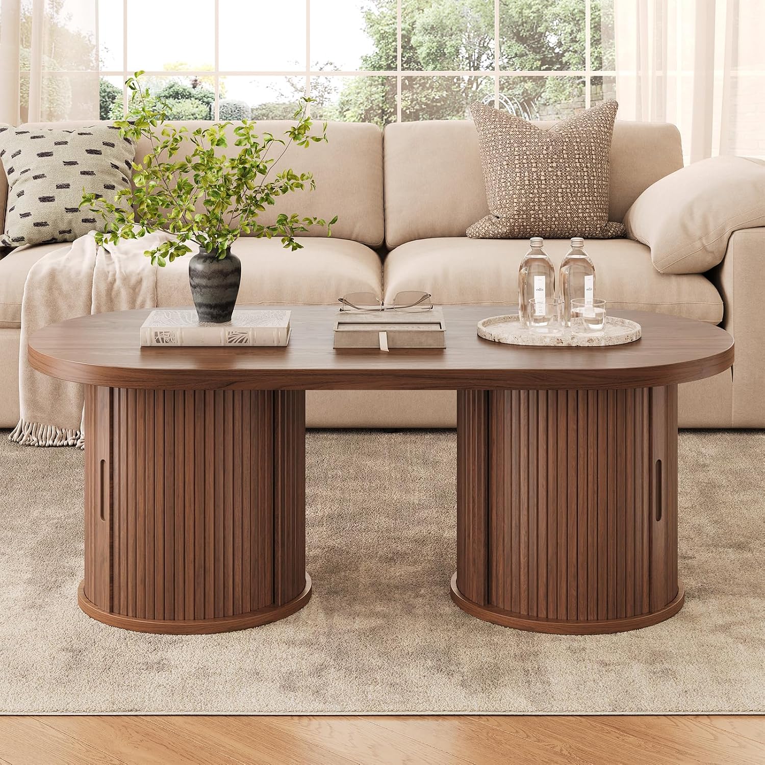 ONBRILL 47' Fluted Coffee Table, Oval Coffee Table with 2 Storage Legs, Mid-Century Modern Center Tables with Sliding Doors, Coffee Tables for Living Room, Walnut