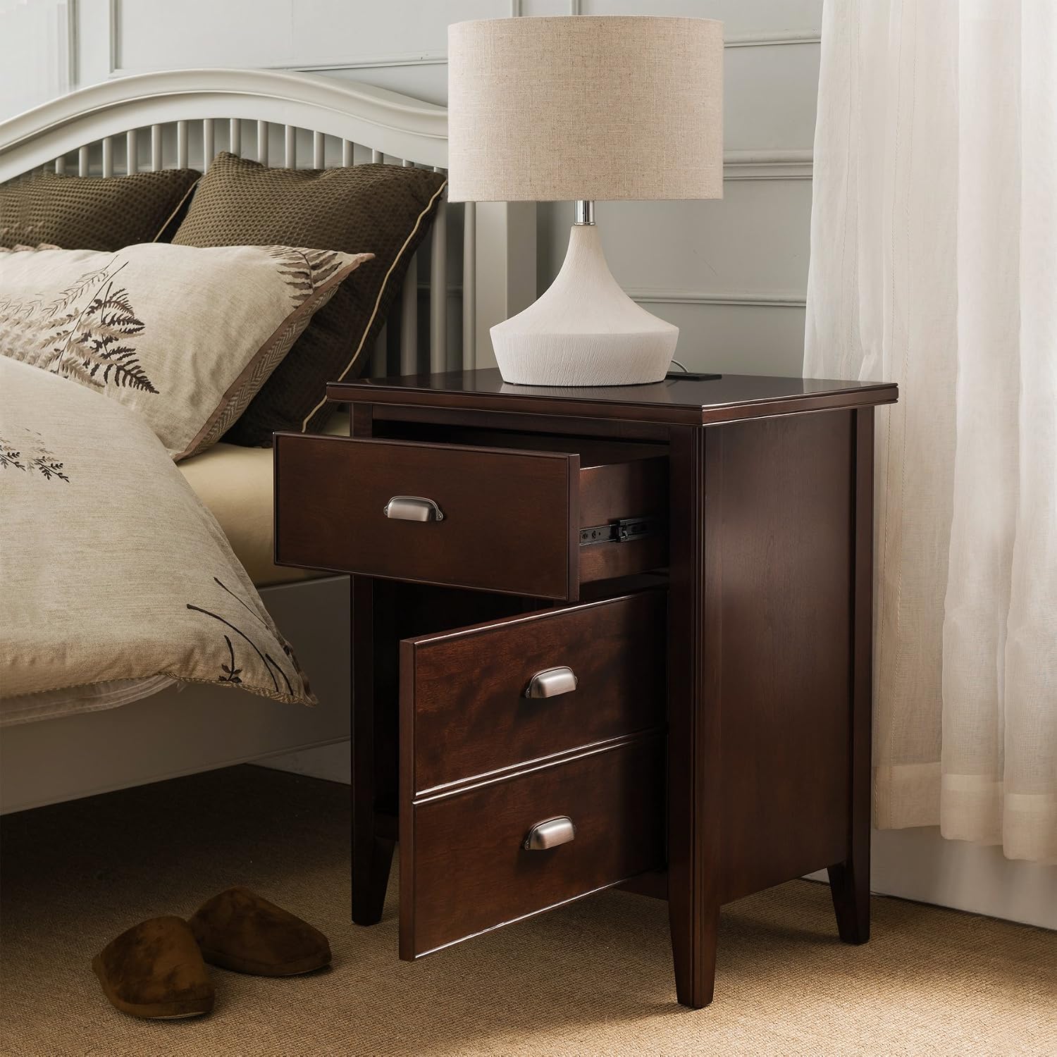 Leick Home Laurent Side Table Nightstand with USB-C Charging Station, Solid Wood, Perfect for Bedrooms, Living Rooms, and Small Spaces, 16'D x 24'W x 28'H, Chocolate Cherry Brown