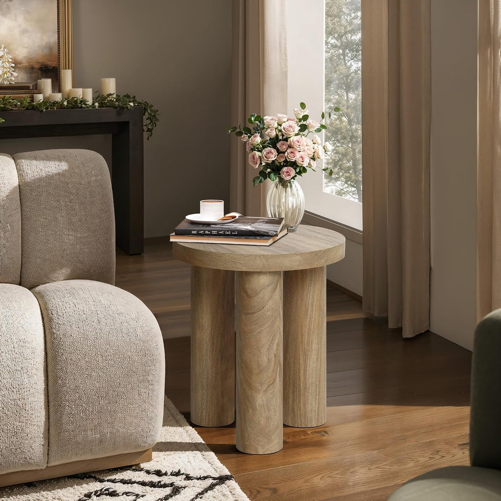 LuxenHome Round Side Table, 19' Tall End Table with 3 Pillar Legs, Modern Farmhouse Dark Oak Finish Wooden Couch Side Tables, Accent Table for Living Room, Bedroom