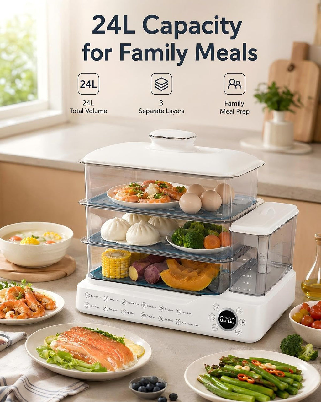 24L Electric Vegetable Steamer, 3-Tier Digital cooking steamer with 24-Hour Delay Start, Keep Warm, Removable Water Tank and Stainless Steel Trays for Dumplings, Seafood, Eggs and Rice