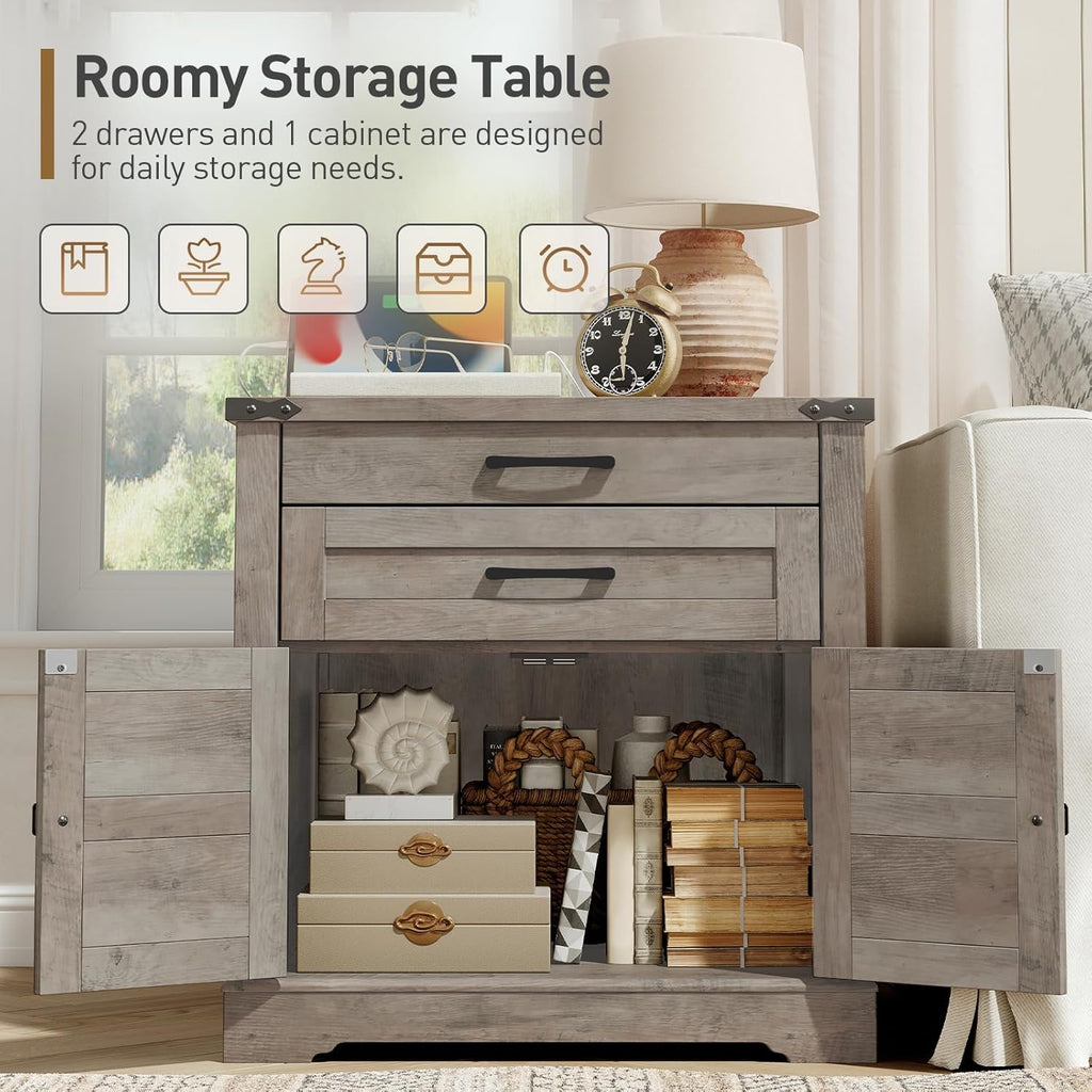 RALGEND Farmhouse End Table Set of 2, 24'' Sofa Side Table with 2 Drawers and Barn Door, Large Rustic Wooden Square Nightstand for Bedroom, Living Room, Greige