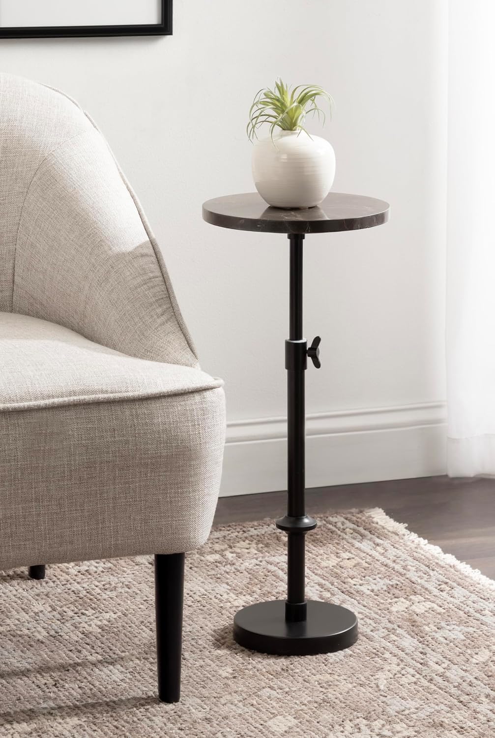 Kate and Laurel Engles Traditional Adjustable-Height Pedestal Drink Table, 10 x 10 x 30, Dark Emperador Marble and Black, Round Metal Mini Table for Indoor Plant Stand with Authentic Stone Tabletop